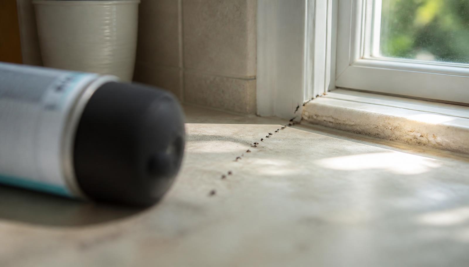 Ant trail on a Long Island kitchen counter next to a can of consumer ant spray that failed to stop them