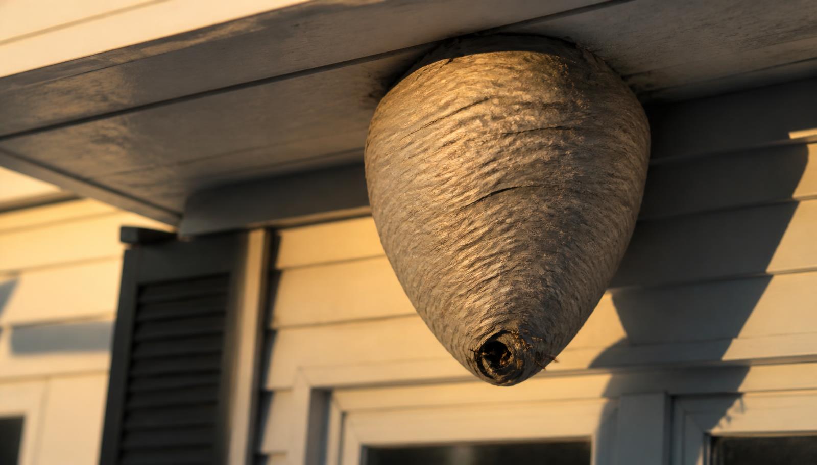 Bald-faced hornet nest hanging under the eave of a Long Island home at dusk, the safest time of day for wasp nest treatment