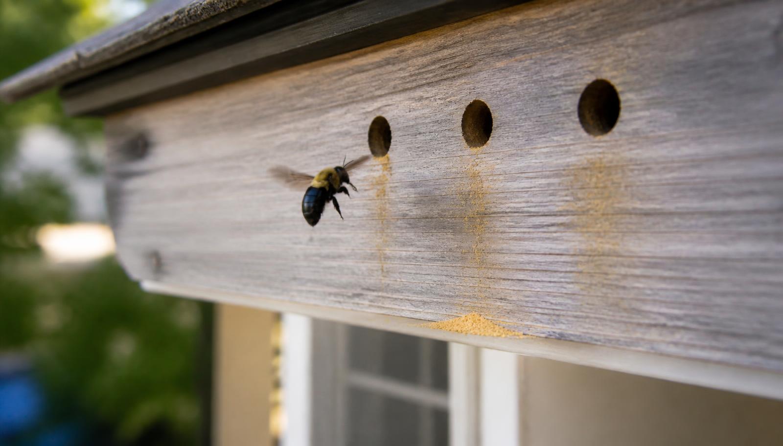 Round half-inch carpenter bee holes with sawdust and staining in cedar fascia on a Long Island home, the sign the bees have come back to last year's tunnels