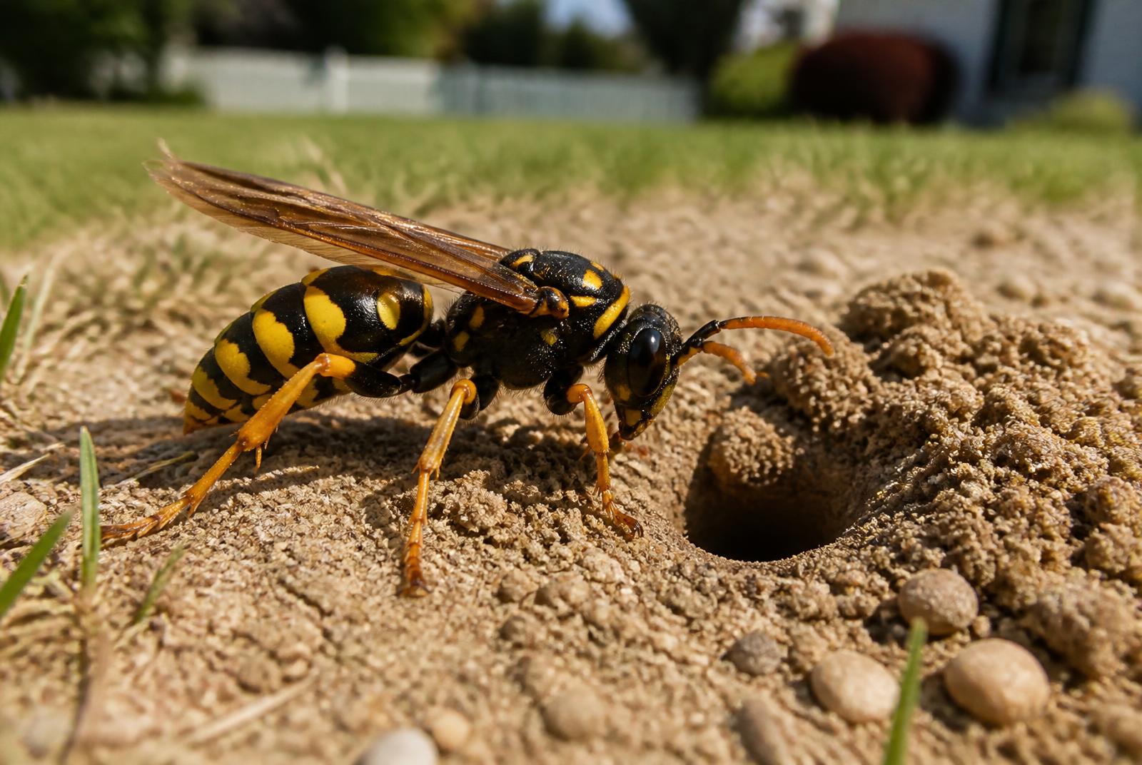 Cicada killer wasp at the entrance of its burrow in a sandy Long Island lawn