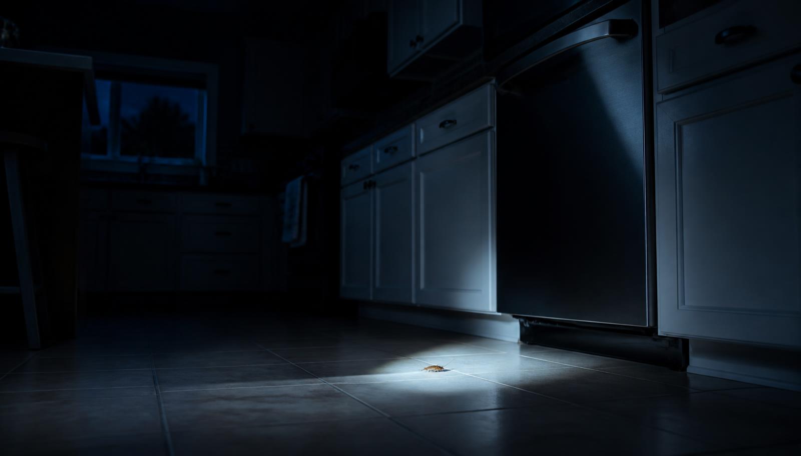 Single cockroach spotted at night in a Long Island kitchen, an early sign of a hidden cockroach infestation