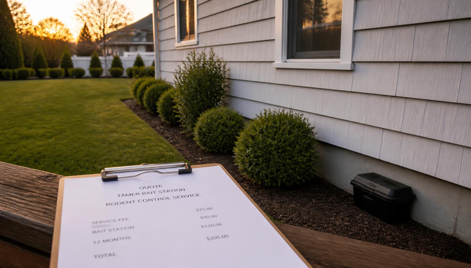 Tamper-resistant rat bait station along a Long Island home foundation with a written exterminator quote on a clipboard
