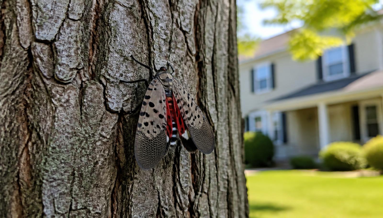 Adult spotted lanternfly on a maple tree trunk in a Long Island backyard